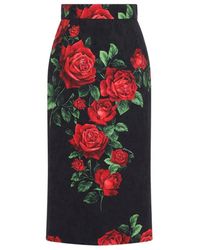 Dolce & Gabbana - Dolce & Gabbana Rose Rosse Nero Midi Skirt - Lyst