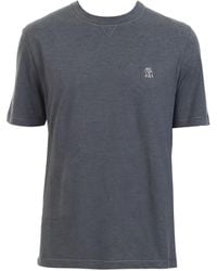 Brunello Cucinelli - Melange Cotton T-Shirt Featuring Contrast Stitching And An Embroidered Chest Logo - Lyst