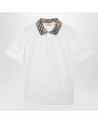 Burberry - Chalk Cotton Pique Polo Shirt With Check Collar - Lyst
