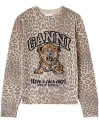 Ganni - Tiger-Print Intarsia-Knit Sweater - Lyst