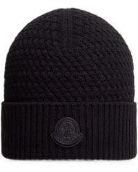 Moncler - Logo-Patch Cable-Knit Beanie Hat - Lyst