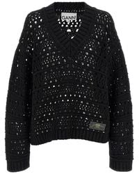 Ganni - Crochet V-Neck' Sweater - Lyst