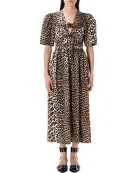 Ganni - Leopard Printed Tie Strap Midi Dress - Lyst