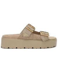 Prada - Triangle Logo Slip On Sandals - Lyst