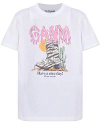 Ganni - Printed Cotton T-Shirt - Lyst