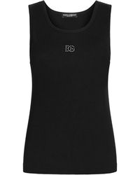 Dolce & Gabbana - Dolce & Gabbana Ribbed Tank Top With Dg Embroidery And Rhinestones - Lyst