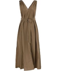 Brunello Cucinelli - Techno Cotton Poplin Dress With Belt And Precious Shoulder Detail - Lyst