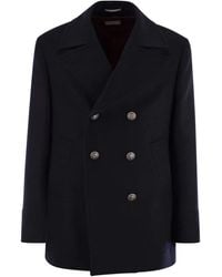 Brunello Cucinelli - Double Wool Flannel Pea Coat With Metal Buttons - Lyst