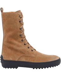 Tod's - Calf-High Suede Combat Boots With T Timeless Logo And Gommino Sole - Lyst