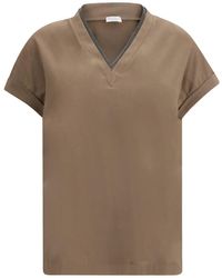 Brunello Cucinelli - V-Neck Top With Short Sleeves - Lyst
