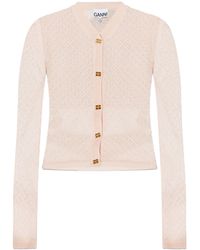Ganni - Pointelle-Knit Logo-Button Cardigan - Lyst
