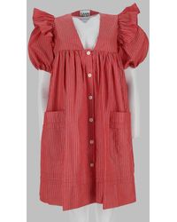 Ganni - Striped Puff Sleeve Button Front Dress - Lyst