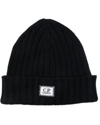 C.P. Company - Midnight Ribbed Wool Knit Beanie With Embroidered Logo Patch - Lyst