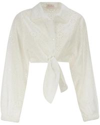 MC2 Saint Barth - Linen And Cotton Broderie Anglaise Cropped Shirt With Front Tie - Lyst