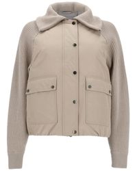 Brunello Cucinelli - Ribbed-Knit Panelled Down Jacket Featuring Flap Pockets And Monile Zipper Detail - Lyst