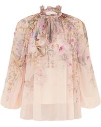 Zimmermann - Floral Sheer Tie-Neck Blouse - Lyst