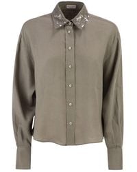 Brunello Cucinelli - Linen Shirt With Sequin-Embroidered Collar - Lyst