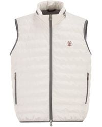 Brunello Cucinelli - Sleeveless Nylon Down Jacket With Logo And Removable Hood - Lyst