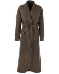 Brunello Cucinelli - Wool And Cashmere Diagonal Mãlange Coat With Belt And Necklace - Lyst