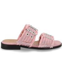 Ganni - 'Feminine Buckle Fringed Denim' Sandals - Lyst
