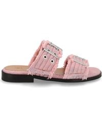 Ganni - 'Feminine Buckle Fringed Denim' Sandals - Lyst