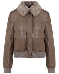 Brunello Cucinelli - Leather Bomber Jacket And Shearling Collar - Lyst