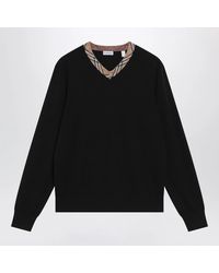 Burberry - Wool Sweater With Check Motif Neckline - Lyst