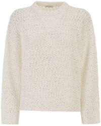 Brunello Cucinelli - Linen Openwork Crew Neck Jumper With Sequins - Lyst