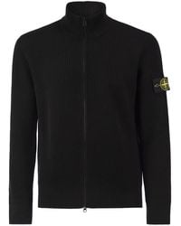 Stone Island - Virgin Wool Ribbed Cardigan With High Neck And Zip - Lyst