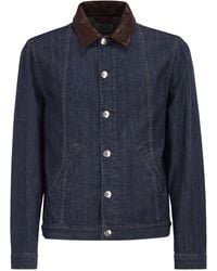 Brunello Cucinelli - Lightweight Denim Jacket With Leather Collar - Lyst