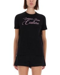 Versace Jeans Couture - T-Shirt With Logo And Rhinestones - Lyst
