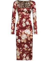 Dolce & Gabbana - Vintage Rose Print Satin Midi Pencil Dress - Lyst