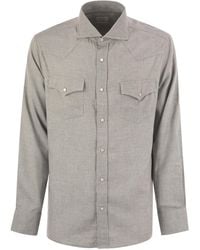 Brunello Cucinelli - Stretch Cotton Chevron Flannel Easy Fit Shirt With Snap Buttons, Epaulettes And Pockets - Lyst