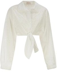 MC2 Saint Barth - Linen And Cotton Broderie Anglaise Cropped Shirt With Front Tie - Lyst