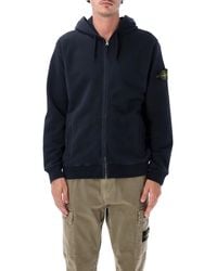 Stone Island - Brushed Organic Cotton Full-Zip Hoodie With Drawstring Hood And Badge Detail - Lyst