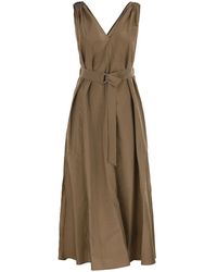 Brunello Cucinelli - Techno Cotton Poplin Dress With Belt And Precious Shoulder Detail - Lyst