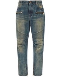 Balmain - Knee-Ribbed Biker Denim Jeans - Lyst