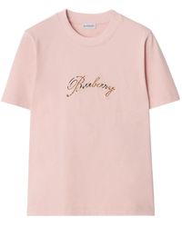 Burberry - T-Shirt With Check Cursive Logo - Lyst