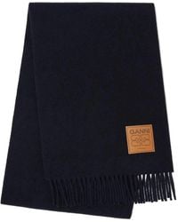 Ganni - Fringed Scarf With Logo Plaque - Lyst
