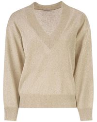 Brunello Cucinelli - V-Neck Linen And Cotton Jumper With Sequins And Long Sleeves - Lyst