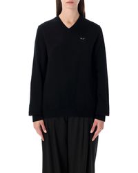 COMME DES GARÇONS PLAY - Wool V-Neck Sweater With Heart And Crystals - Lyst