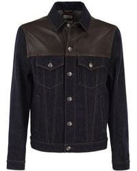 Brunello Cucinelli - Cotton Denim Jacket With Leather Details - Lyst