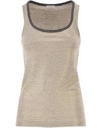 Brunello Cucinelli - Linen Striped Crew Neck Top With Contrasting Trim And Necklace - Lyst