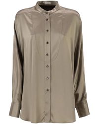 Brunello Cucinelli - Stretch Silk Satin Mandarin Collar Shirt With Necklace - Lyst