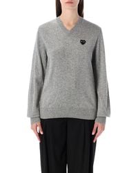 COMME DES GARÇONS PLAY - Wool V-Neck Sweater With Heart And Crystals - Lyst