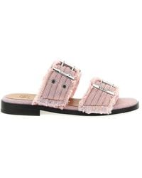 Ganni - Fringed Denim Buckle Cameo Textile Sandals - Lyst