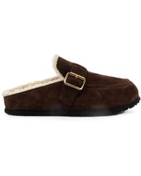 Prada - Suede Slippers With Buckle And Sheepskin Lining - Lyst