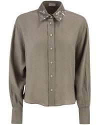 Brunello Cucinelli - Linen Shirt With Sequin-Embroidered Collar - Lyst