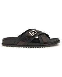 Dolce & Gabbana - Dolce & Gabbana Smooth Calf Leather Slide Sandals Nero - Lyst