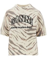 Ganni - Knitted Top With Zebra-Striped Motif - Lyst